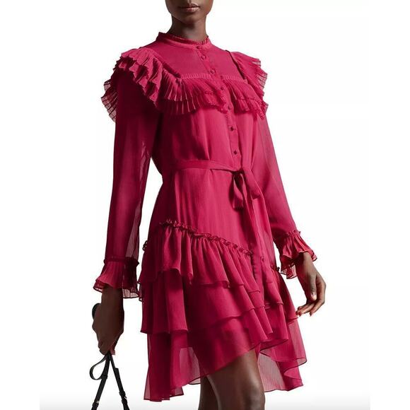 Ted Baker Dresses & Skirts - Ted Baker Anastai Dark Pink Ruffle Detail Chiffon Shirt Dress • Size 1/ US 4 🗣